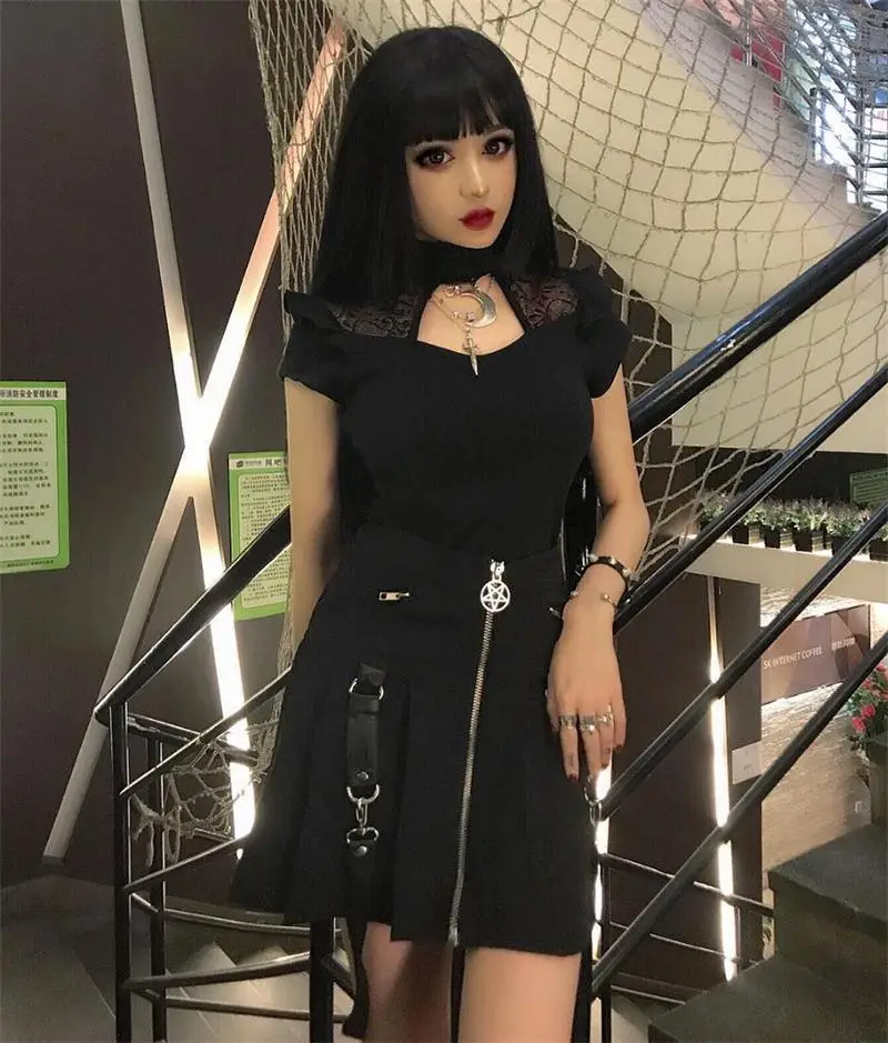 Instant Hot Halloween Gothic A Line of Saias For Zp Women Autumn Plissada Mini Exit Sexy Belt Suspender Solid Bottom