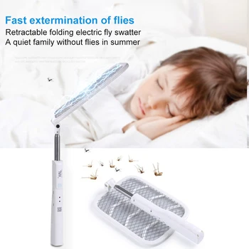 

USB Rechargeable Electric Fly Swatter Handheld Extendable Handle Zapper Insect Rotatable Pest Racket Bug Reject Mosquito Killer