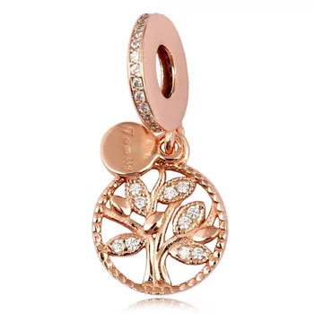 

925 Sterling Silver Bead Charm Rose Family Heritage Tree Of Life With Crystal Pendant Beads Fit Bracelet Diy Jewelry