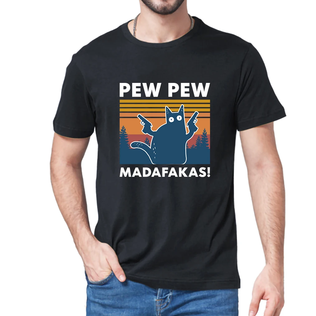 Pew Madafakas T Shirt Novelty Funny Cat Vintage Crew Neck Summer Men's 100% cotton T-Shirt Humor Gift Tops tee Drop Ship | Мужская