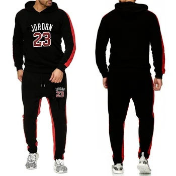 

Hot 2 Piece Sportswear 23 Men's Fall / Winter Hooded Sweatshirt + Drawstring Pants Stripe Patchwork Hoodie Athletics Sports Suit