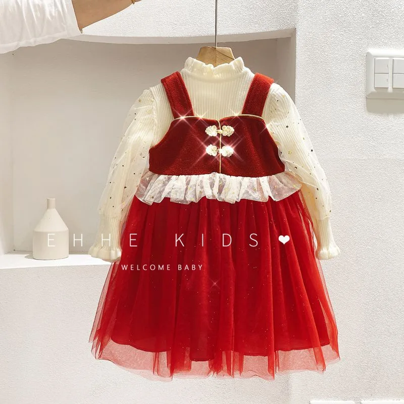 

Plus fleece skirt suit 2020 winter new product western style girl improved version princess dress yarn sleeve sweater burst