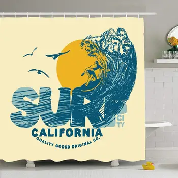 

Shower Curtain Set with Hooks 66x72 Drawing Surf Symbol Typography City Surfer Big Hawaii Wave Tropical Graphic Water Sign