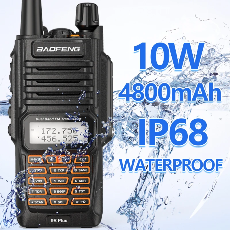 Baofeng-walkie-talkie resistente al agua IP68, Radio CB potente de largo alcance de 10W y 10KM, VHF/UHF, portátil, para caza, UV-9R Plus