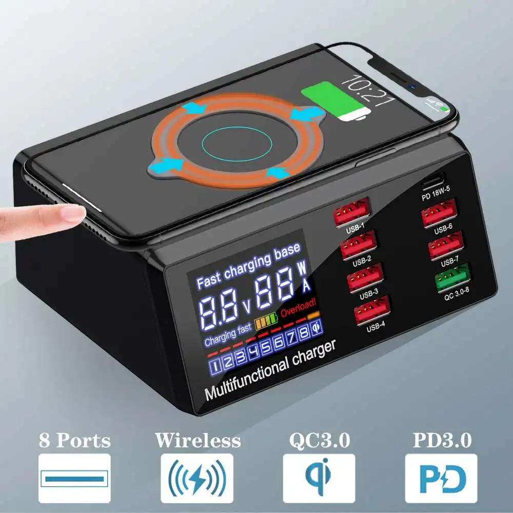 100W Multi 8-Port USB Wireless Charger LCD QC3.0 PD3.0 Fast Charge Adapter Smart LED Display For iPhone 11 SE 2020 For Huawei