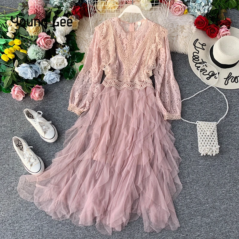 

YoungGee Women Sweet Lace Floral Dress Autumn Winter Long Sleeve Stand Collar Party Dress Elegant Irregular Ruffles Cake Dresses