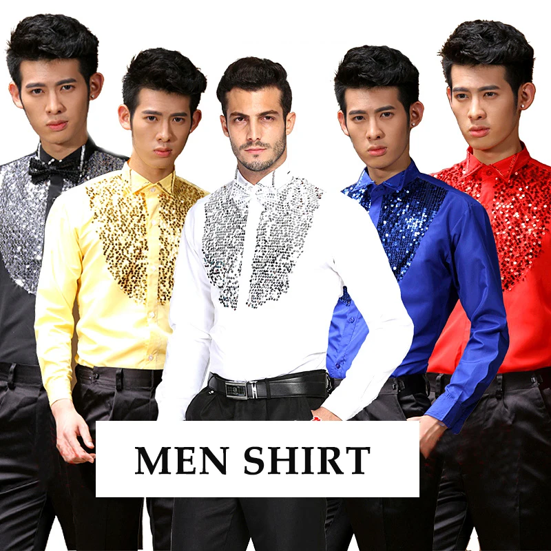 

2019 Men Suit Sequin Shirts Satin Long Sleeve Stage Shirts Tuxedo Shirts Performance Clothing For Man 5 Colors S-2XL SL1630