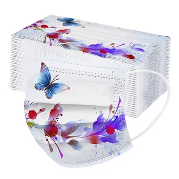 

50pcs Disposable Mask Butterfly Printed Breathable 3-layer Mouth Face Masks Dustproof Elastic Earloops Face Facemask Mask