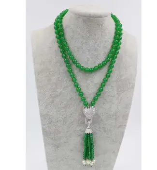 

Free Shipping NEW green jades round 8mm leopard clasp necklace 35inch wholesale beads nature woman