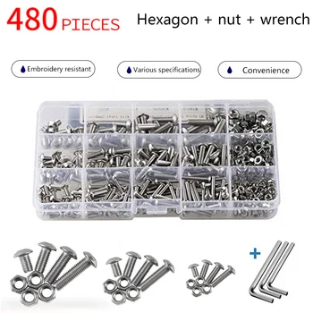 

480/500pcs Hex Hexagon Socket Screw Set Bolts and Nuts Allen bolts Set M3 M4 M5 Stainless Steel Flat Round Cap Head Screw Kit