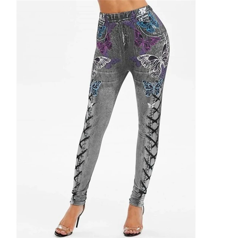black leggings Slim Women Leggings  Print Butterfly Pencil Faux Denim  Jeans Casual Black Leggings Plus Size S-3XL maternity leggings
