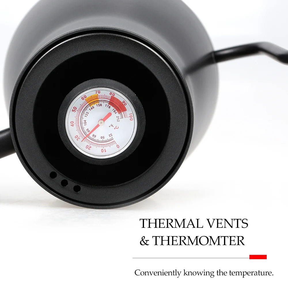 

850ml Coffee Kettle Wooden Bracket Hand Punch Pot Coffee Pots with Thermometer Lid Drip Gooseneck Spout Long Mouth Teapot