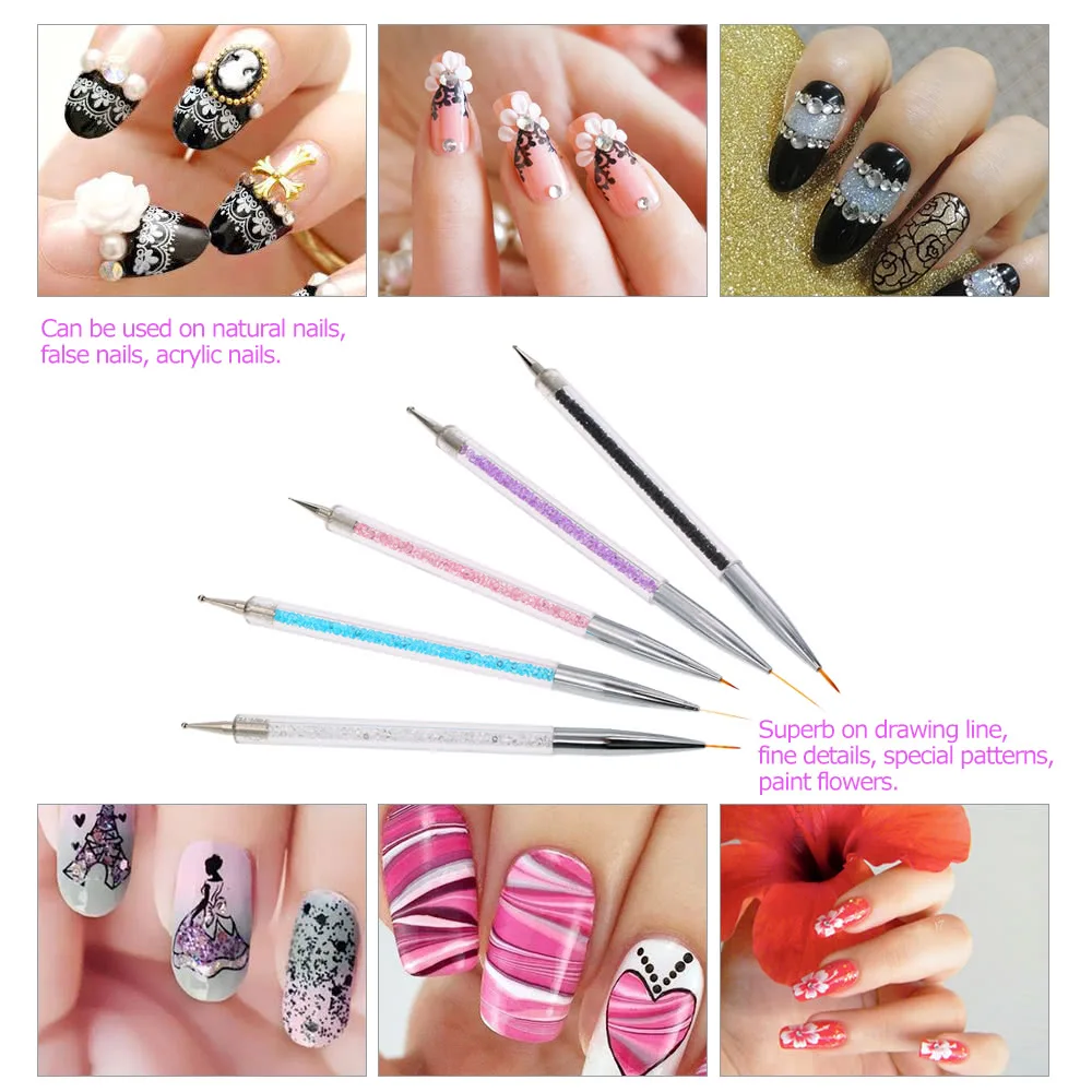 5 шт. кисть для рисования ногтей 7/9/11/15/20 мм с украшением в виде кристаллов акриловый Фрезер для ногтей cо шлифовальными искусство рисования Рисование линии, рисовальная нейлоновая кисть из волос, ручка щетка для ногтей
