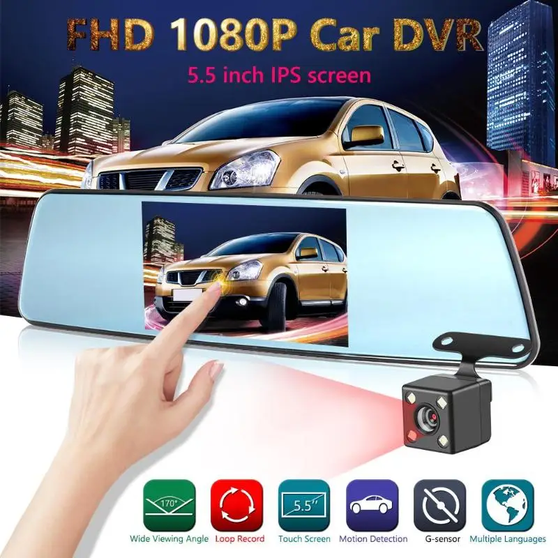 FHD 1080P Автомобильный видеорегистратор 170 градусов объектив зеркало заднего вида Dashcam g-сенсор детектор движения видео рекордер с камерой заднего вида