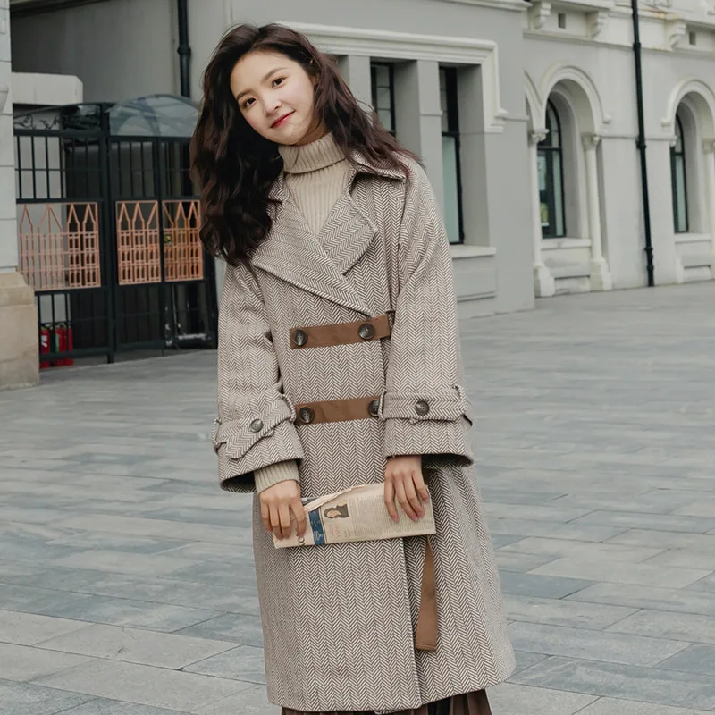 Коллекция осень-зима, стиль, Южная Корея, Ulzzang, дизайнерское шерстяное пальто с пряжкой в елочку, женское длинное пальто