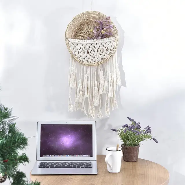 Csipke Makrame Fal Függő Szövött Virág Edény Rattan Bohém Stílusú Dekoratív Kertészeti Kosár Növény Fogas - Image 3