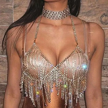 

Stylish Women Shiny Crystal Rhinestone Mesh Body Bra Bikini Suit Sexy Charm Women Transparent Panties Body Chest Chain Jewelry