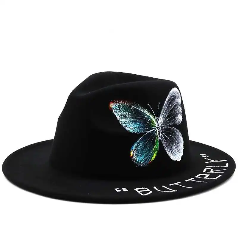 

New Hand Painted Women Men Wool Fedora Hat Gentleman Elegant Lady Winter Autumn Wide Brim Jazz Church Panama Sombrero Cap