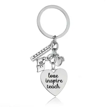 

12PC Love Inspire Teach Heart Keyrings Ruler ABC Book Apple Charm Pendant Keychains Thank You Teachers Graduation Gifts Jewelry