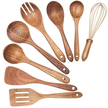 

Wooden Utensils for Kitchen,Wooden Spoons for Cooking Wood Spatula Draining Spoon Whisk and Salad Fork,Cooking Utensil