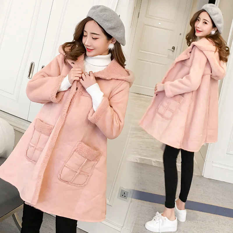 

2019 Autumn And Winter New Style Loose-Fit Suede And Lambs Wool Korean-style Hooded Thick Pregnant Women Coat
