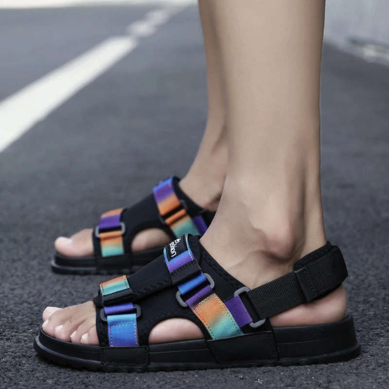 Roman letters comfortable denim summer new sandals men's platform flat elastic band men's daily casual shoes
