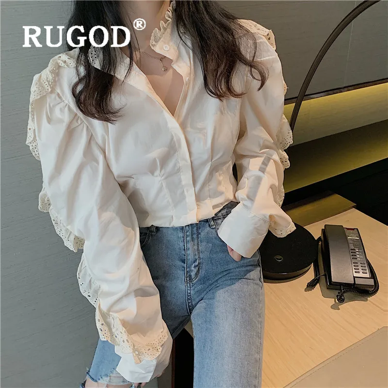RUGOD корейский стиль Шикарный Waveselvedge с длинным рукавом Элегантная блузка женская кружевная Милая рубашка Зимние Топы для женщин Мода