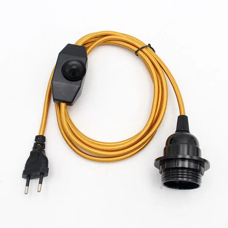 AC 220V EU Plug  Power Cords Textile Covered Cable With Dimmer Switch E27 Threaded Bulb Lamp Holder Ring For Hanging Light 2