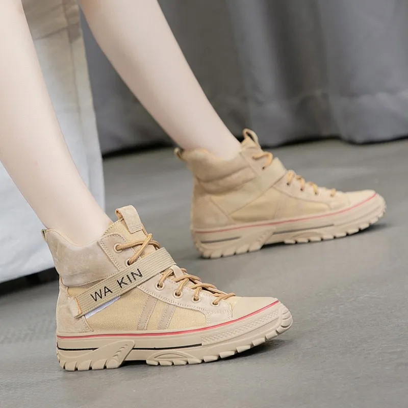 

shoes woman 2019 autumn new women's boots retro leather canvas Martin boots Sell well fashion mid heel 4cm lacing Casual boots