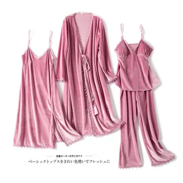 HaloSweet Winter Women's Pajamas Suit Sexy Velet Long Robe Suit Four Piece Bathrobe Sleepwear Female Nightgown Lounge Set Pants - Цвет: Pink