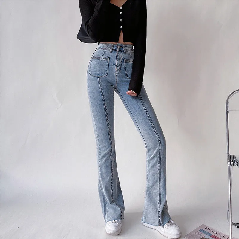 

High Waist Flared Jeans Women 2021 Summer New Streetwear Loose Light Blue Denim Pants Female Line Design Casual Washed Trousers