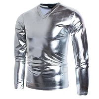 Men's V Neck Sliver Metallic Shiny T Shirt Disco Nightclub Prom Long Sleeve Tshirt Homme Hip Hop Halloween Carnival Streetwear 2
