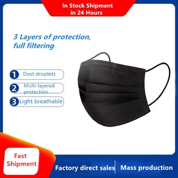 

100pcs Black Disposable Mask For Face Earloop Masks Nonwoven Fabric Breathable Dustproof Mouth Masker 3 Ply Filter Mondmasker