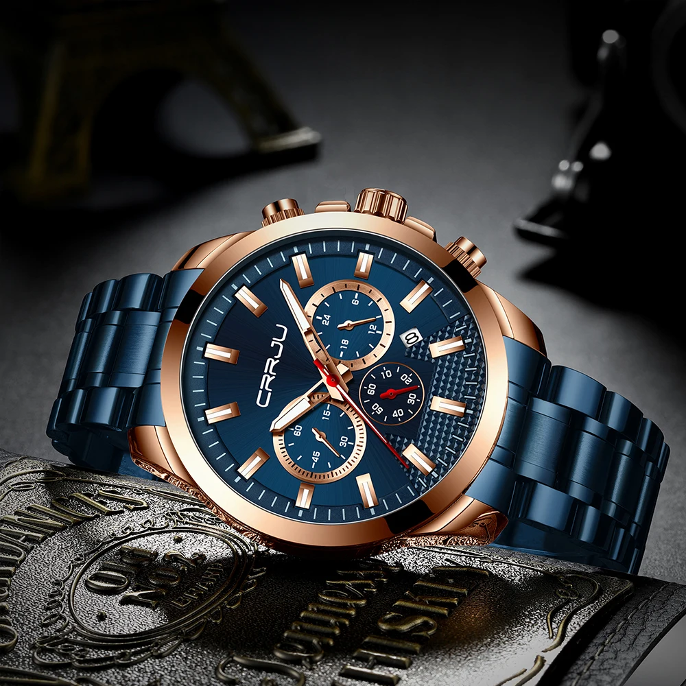 Crrju New Fashion Stainless Steel Mens Watches Top Brand Luxury Multi-Function Chronograph Quartz-4
