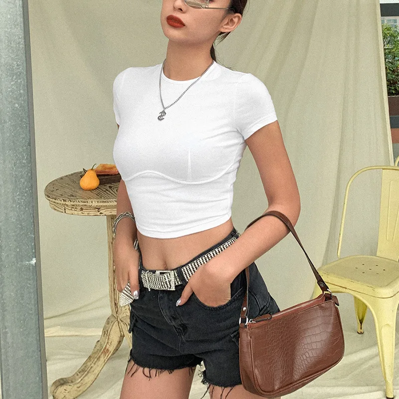

Hot sale New 2020 women shirts ins Summer Fashion Solid basic models simple wild Casual O-Neck Short dew Navel bottoming t shirt