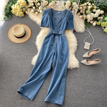 

Women's retro cowboy square collar bubble sleeves high waist loose Jumpsuits