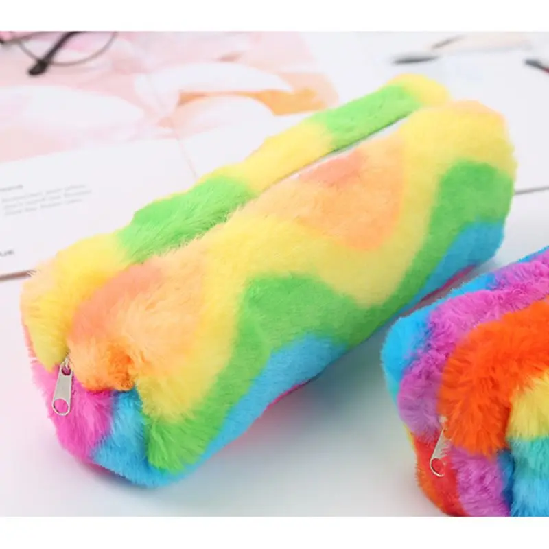 New Cute Kawaii Rainbow Plush Pencil Pen Bag Zipper Strip Makeup Pouch Stationery