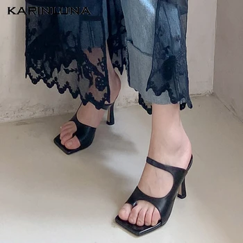 

KarinLuna 2020 New Arrivals Genuine Leather Women Mules Sandals Strange Style Heel Square Toe Pump Summer Party Lady Woman Shoes