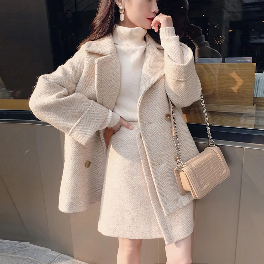 Womail 2019 Autumn and winter new long-sleeved woolen coat + skirt set Sweet temperament wild warm ladies two-piece set