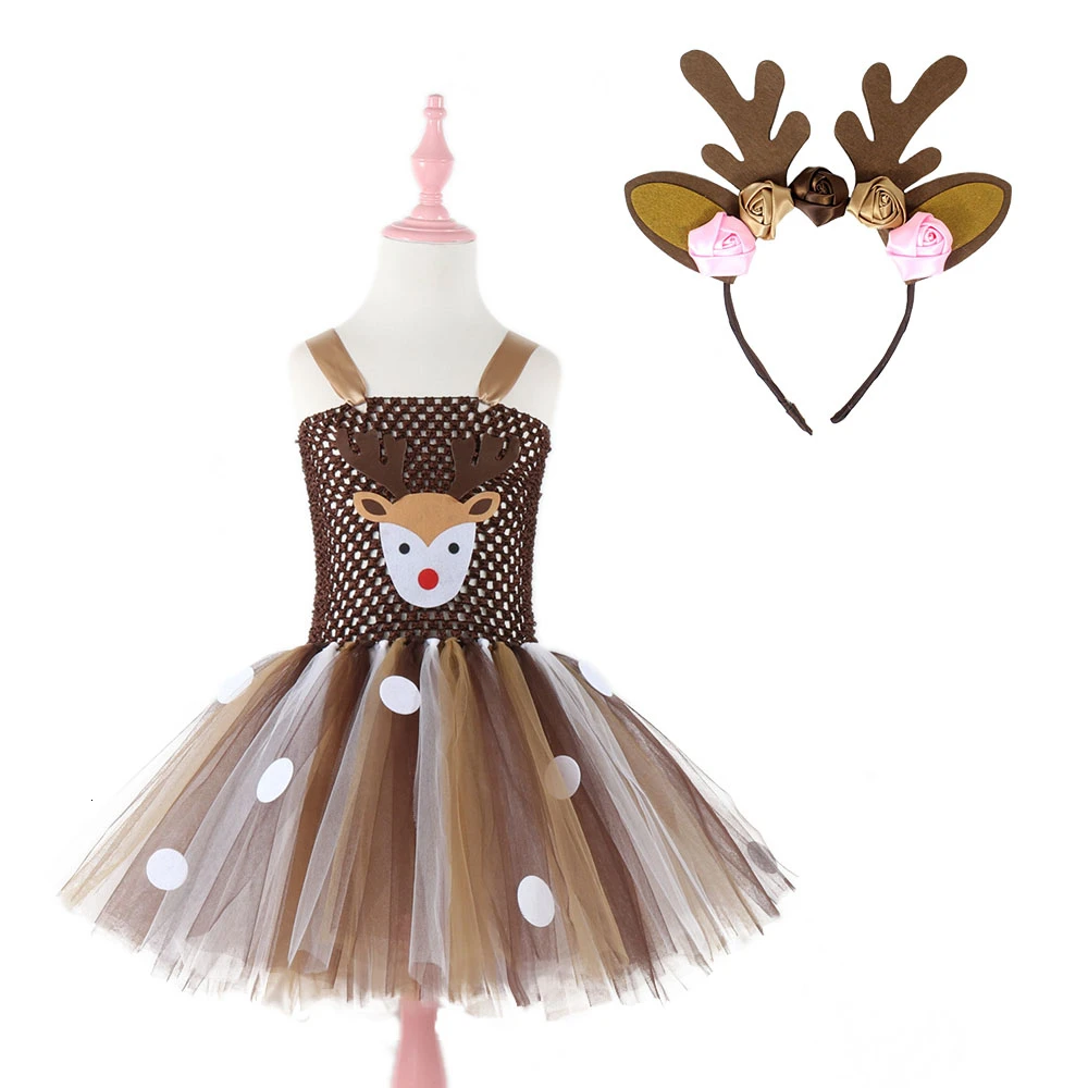 Moeble/платье-пачка с оленем; платья для маленьких девочек; Детский костюм на Хэллоуин; платье для девочек на Рождество, день рождения, год, вечеринку с повязкой на голову
