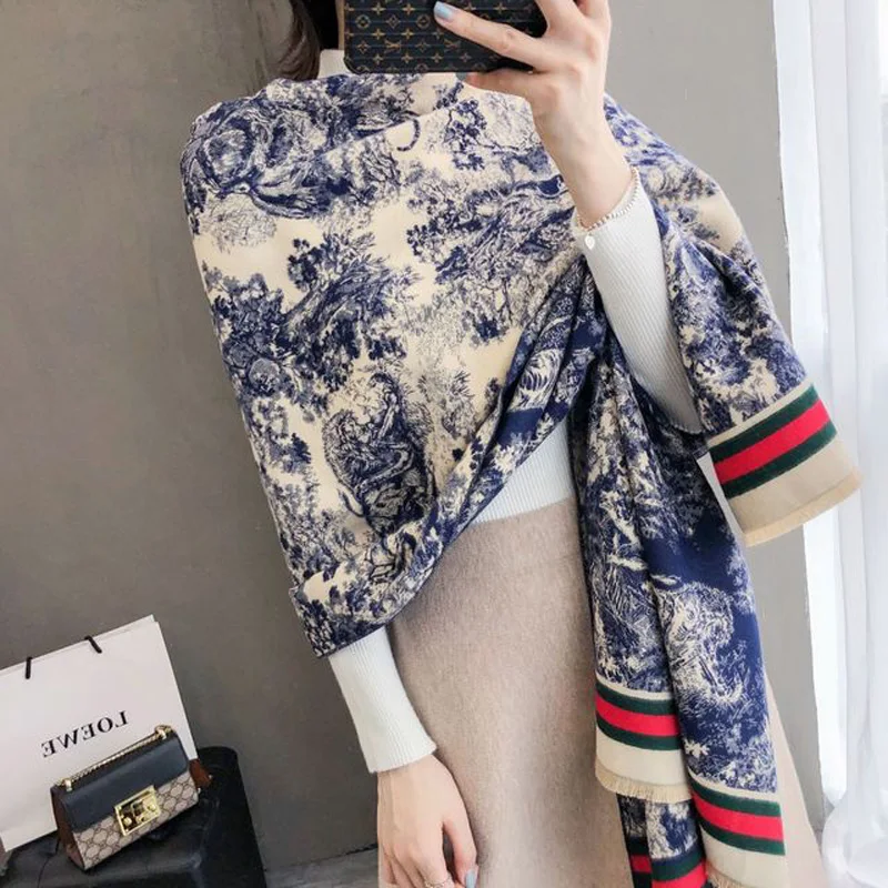 Luxury Winter Women Blue and white porcelain Brushed Cashmere Scarf Ladies Brand Warm ShawlLarge Pashmina Travel Blanket Wraps