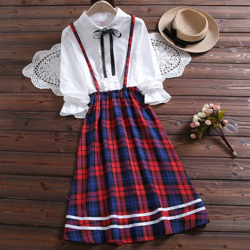 2020 Spring Japanese School Dresses Women Elastic Waist Long Sleeve Fake two-piece Cotton And Linen Plaid Skirt Girls | Тематическая