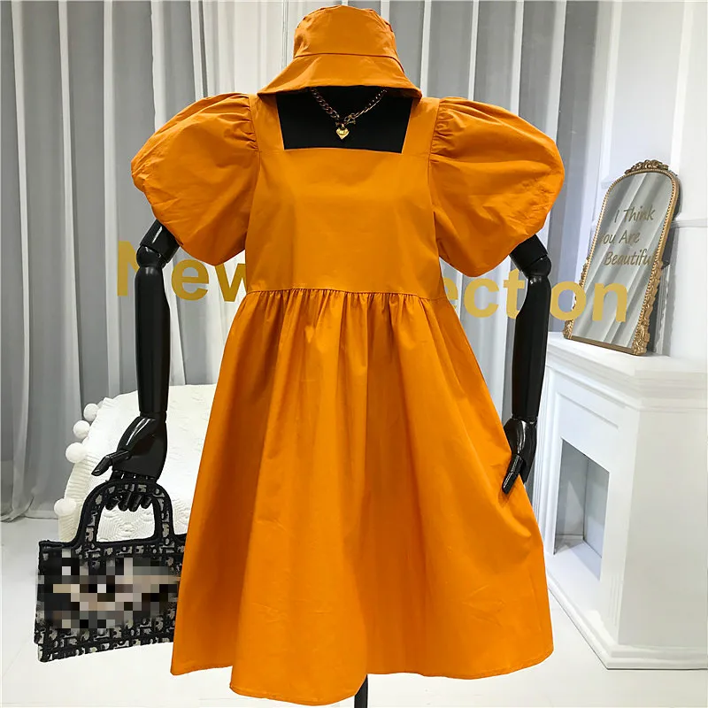 Neploe Dress Women French Square Collar Puff Sleeve Ladies Vestidos Summer 2020 Elegant Slim Waist Female Dresses with Hat 1D782