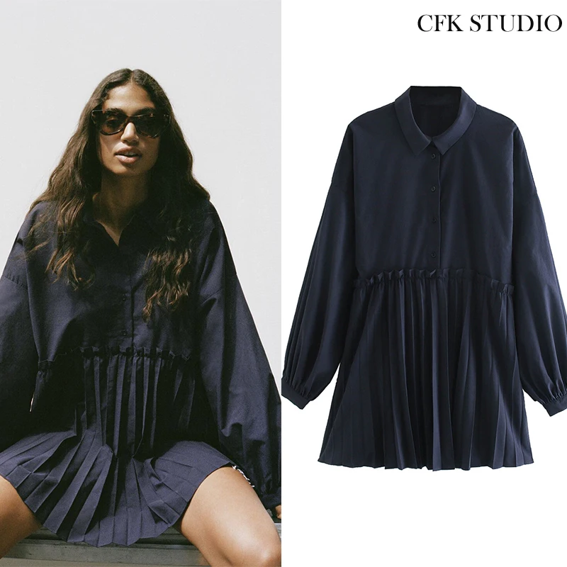 Za Women Autumn Blouse with Turn-down Collar Solid Long Sleeve Shirt Femme Casual Loose A-line Navy Blue Cotton Top | Женская одежда