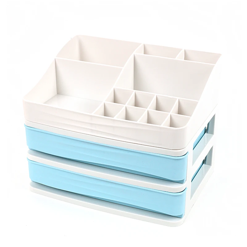 blue 2 layer drawer Пластиковый ящик для косметики, коробка для хранения косметики, ювелирные изделия, лак для ногтей, контейнер для макияжа, домашний офис, настольный органайзер для мелочей - Цвет: blue 2 layer drawer
