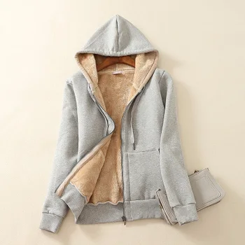 

2020 WOMEN NEW Lamb velvet hooded sweater female autumn and winter large size student solid color warm cotton coat plus