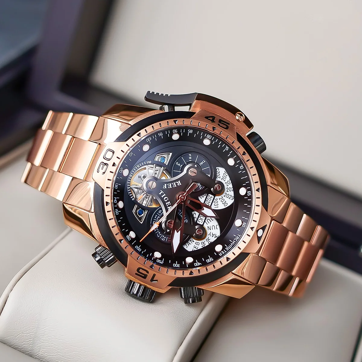 Риф Тигр/RT дизайнерские спортивные мужские часы с вечный календарь указанием