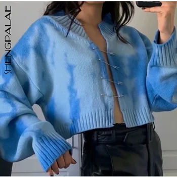 

SHENGPALAE 2020 New Autumn Long Sleeve Jumper Knitted Loose Fashion Pullover Femme Gradient Tie-dye Big Pin Swaeter ZA5053