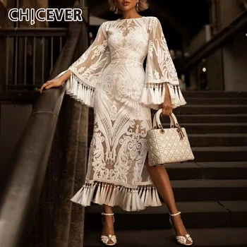 

CHICEVER White Dress For Women O Neck Flare Long Sleeve Patchwork Tassel Embroidery Designer Vintage Dresses Female 2020 Clothes