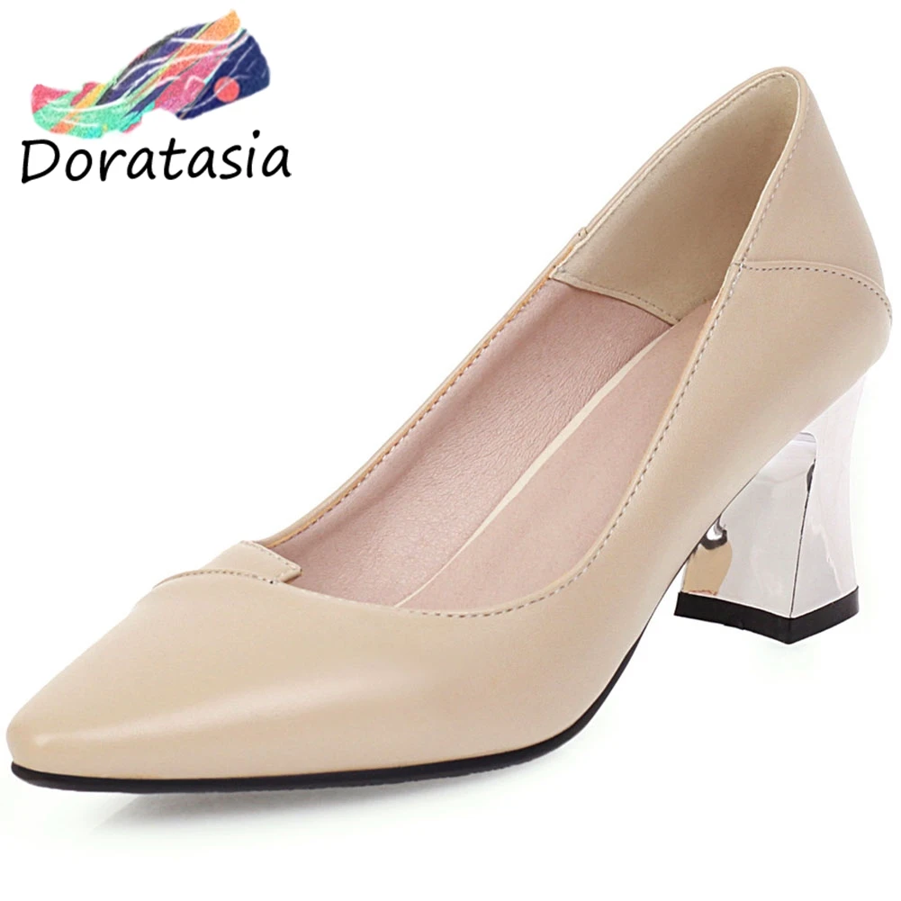 

DORATASIA Elegant Girl Slip On Pointed Toe Square Heel Consise Pumps Pumps Women Metal Heel Spring Shoes Woman